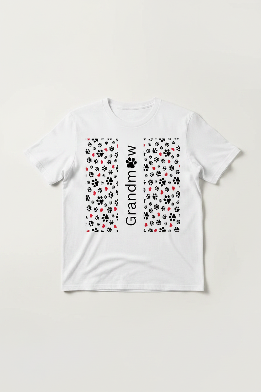 Grandmaw paw print and hearts design on a white t-shirt