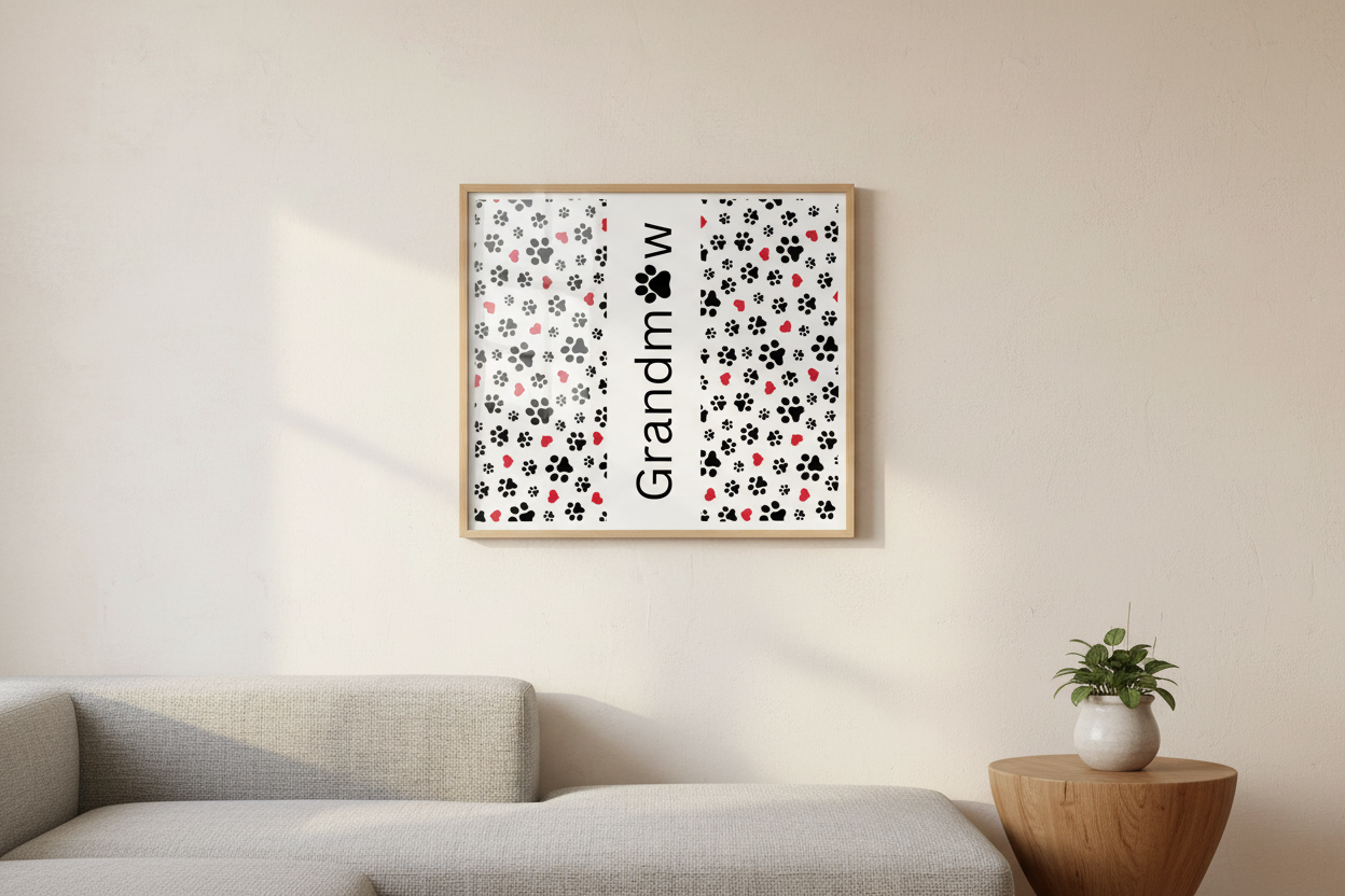 Grandmaw paw print and hearts design as a framed wall print