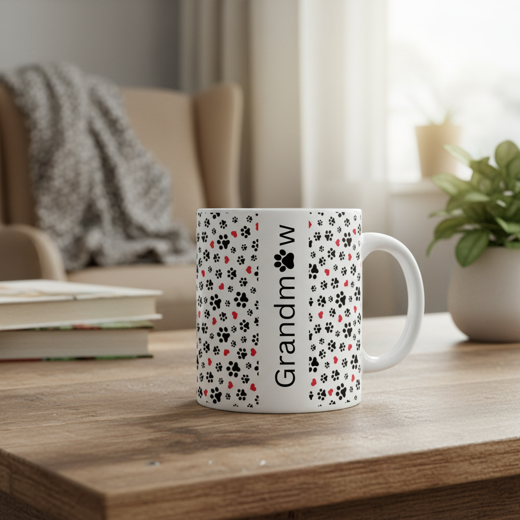 Grandmaw paw print and hearts design on a white ceramic mug