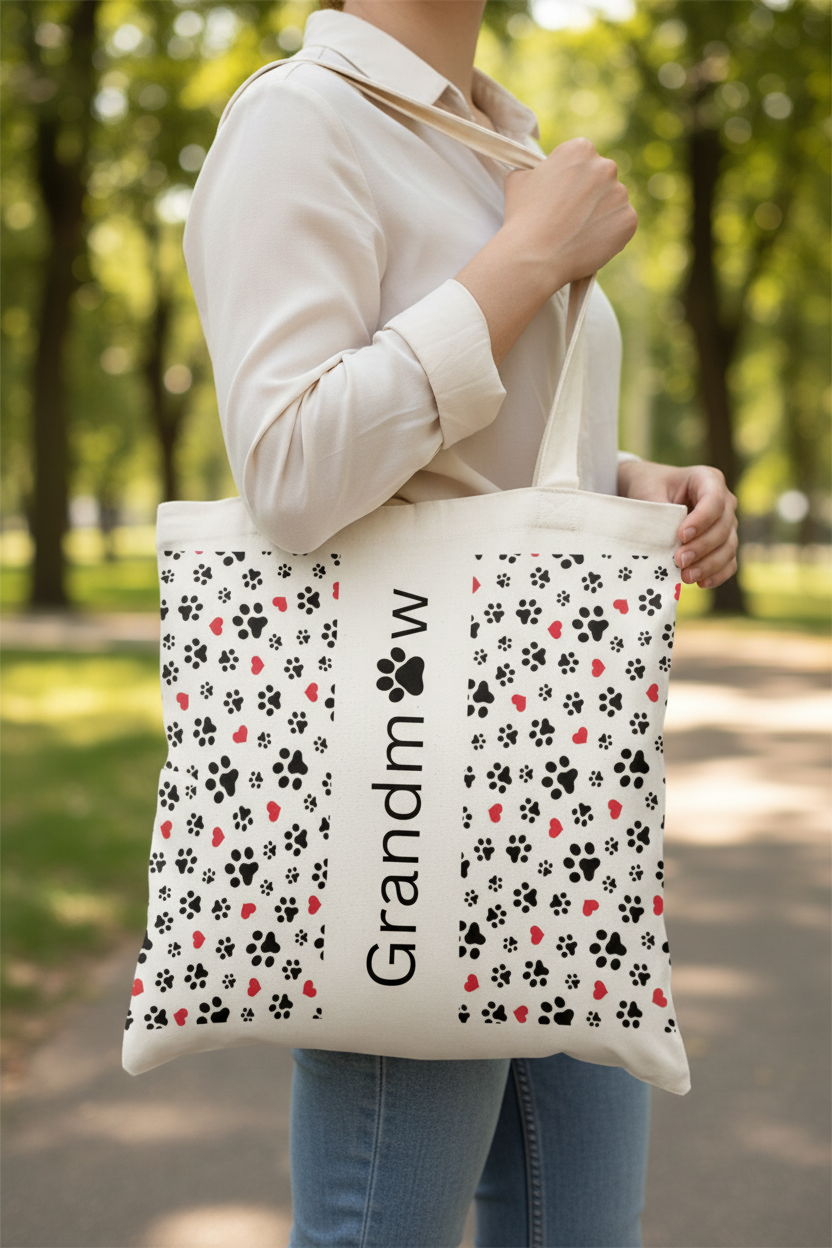 Grandmaw paw print and hearts design on a white canvas tote bag