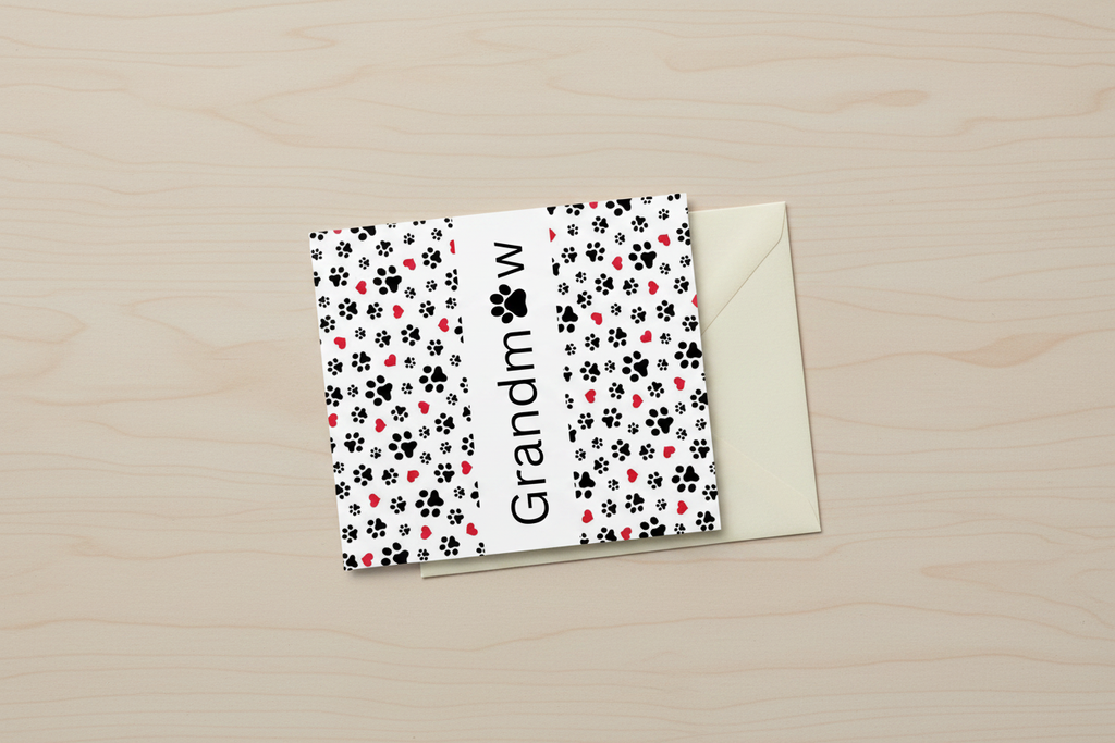 Grandmaw paw print and hearts design on a greeting card