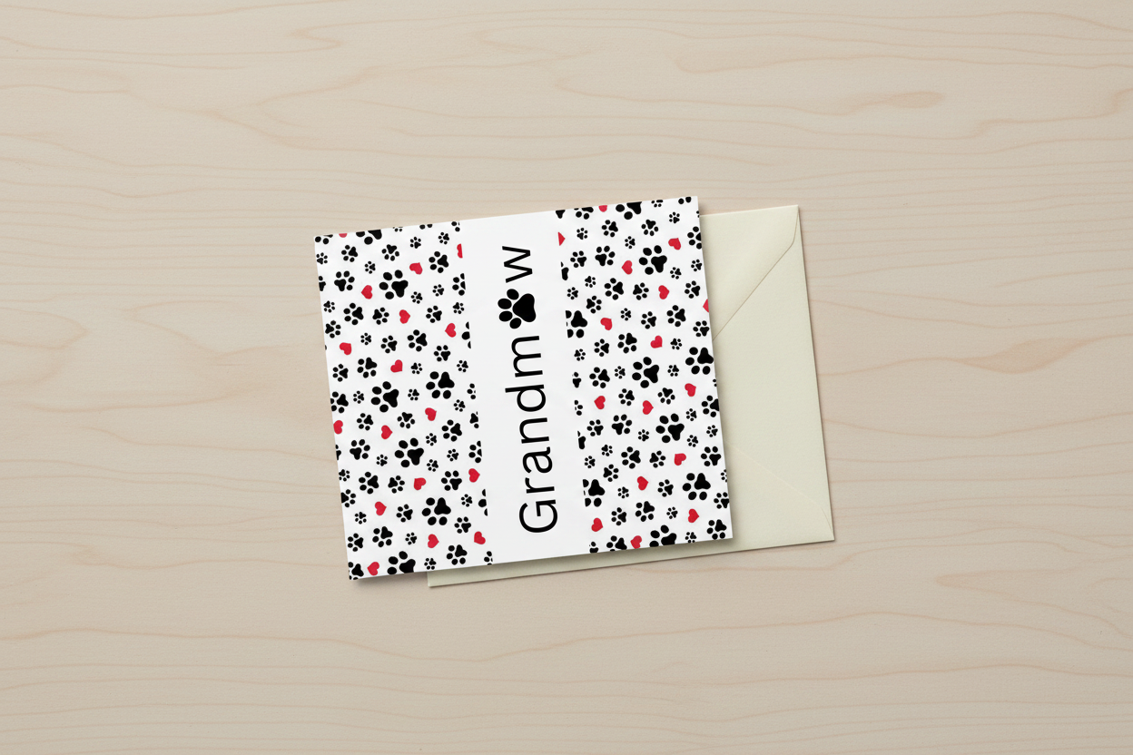 Grandmaw paw print and hearts design on a greeting card